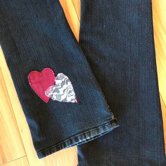 Upcycled Patchwork Jeans, Size 12:  Handmade Burgundy/Lace Patches, Black Denim - Picture 11 of 13